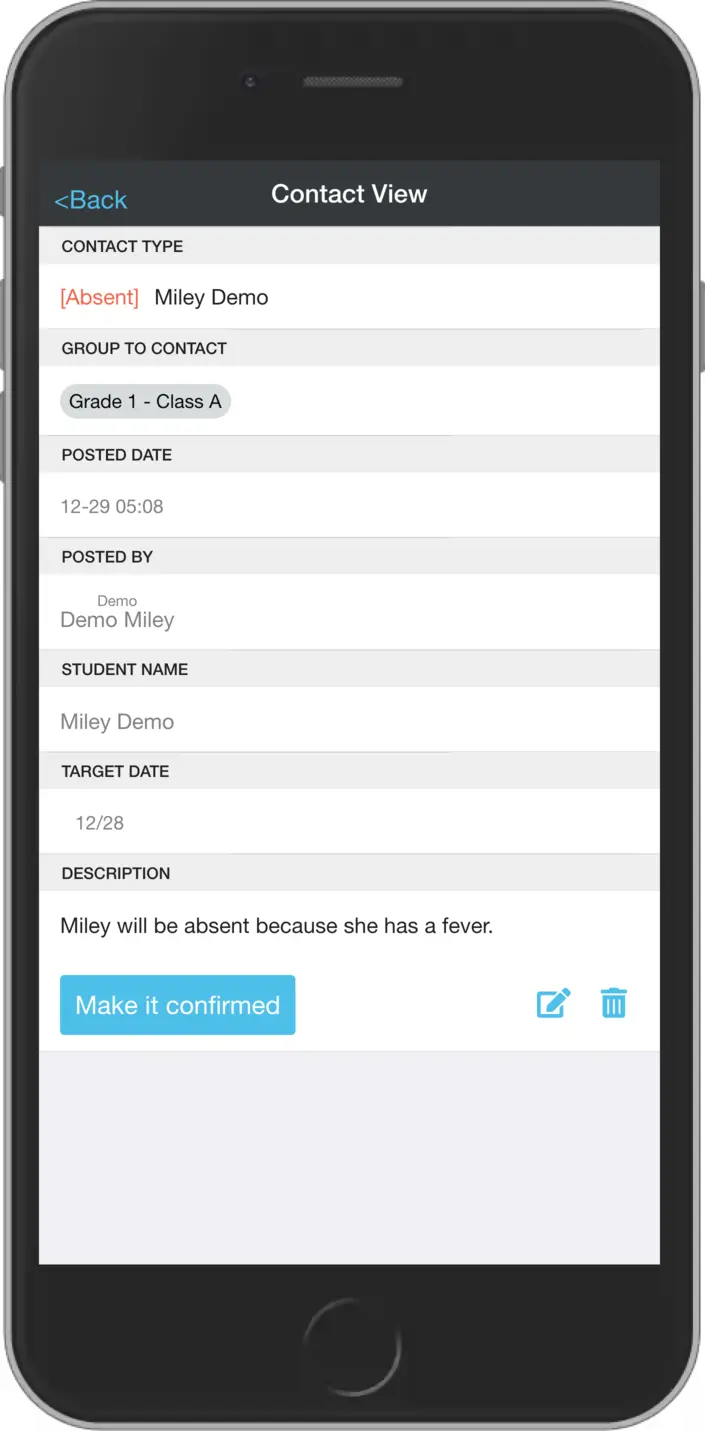 Contact to School - view screen 1