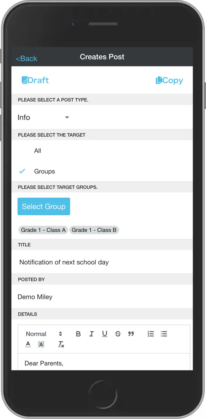 Announcement create screen 1