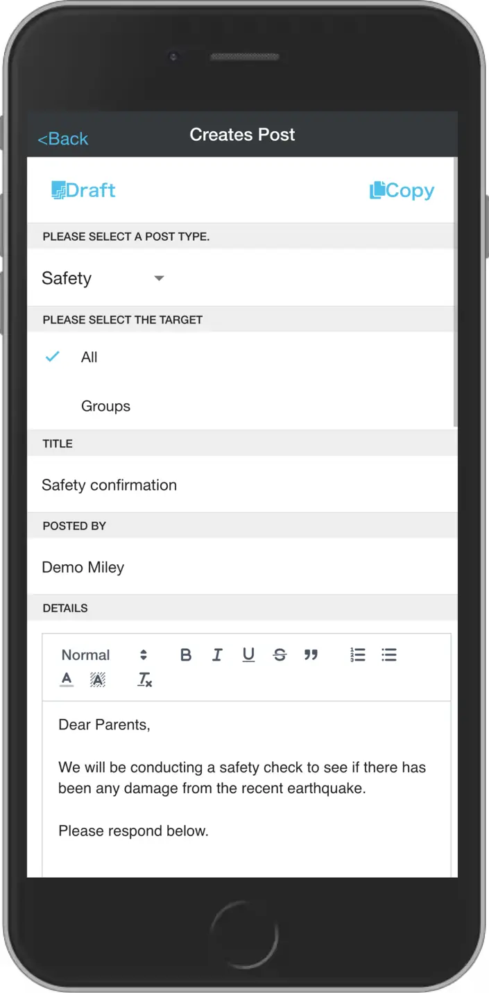 Safety check create screen 1
