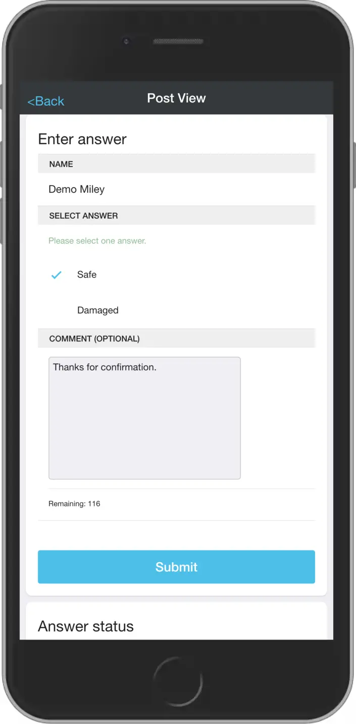 Safety check view screen