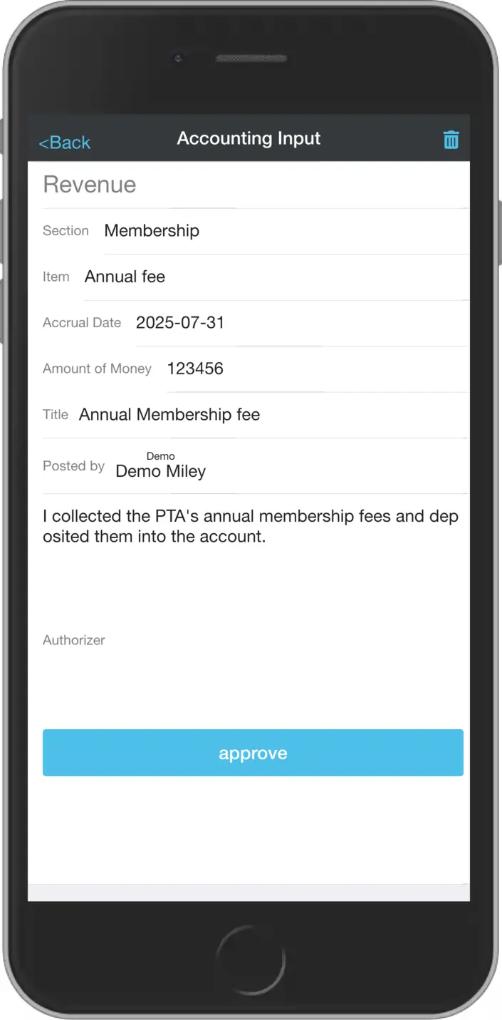 Accounting approval screen